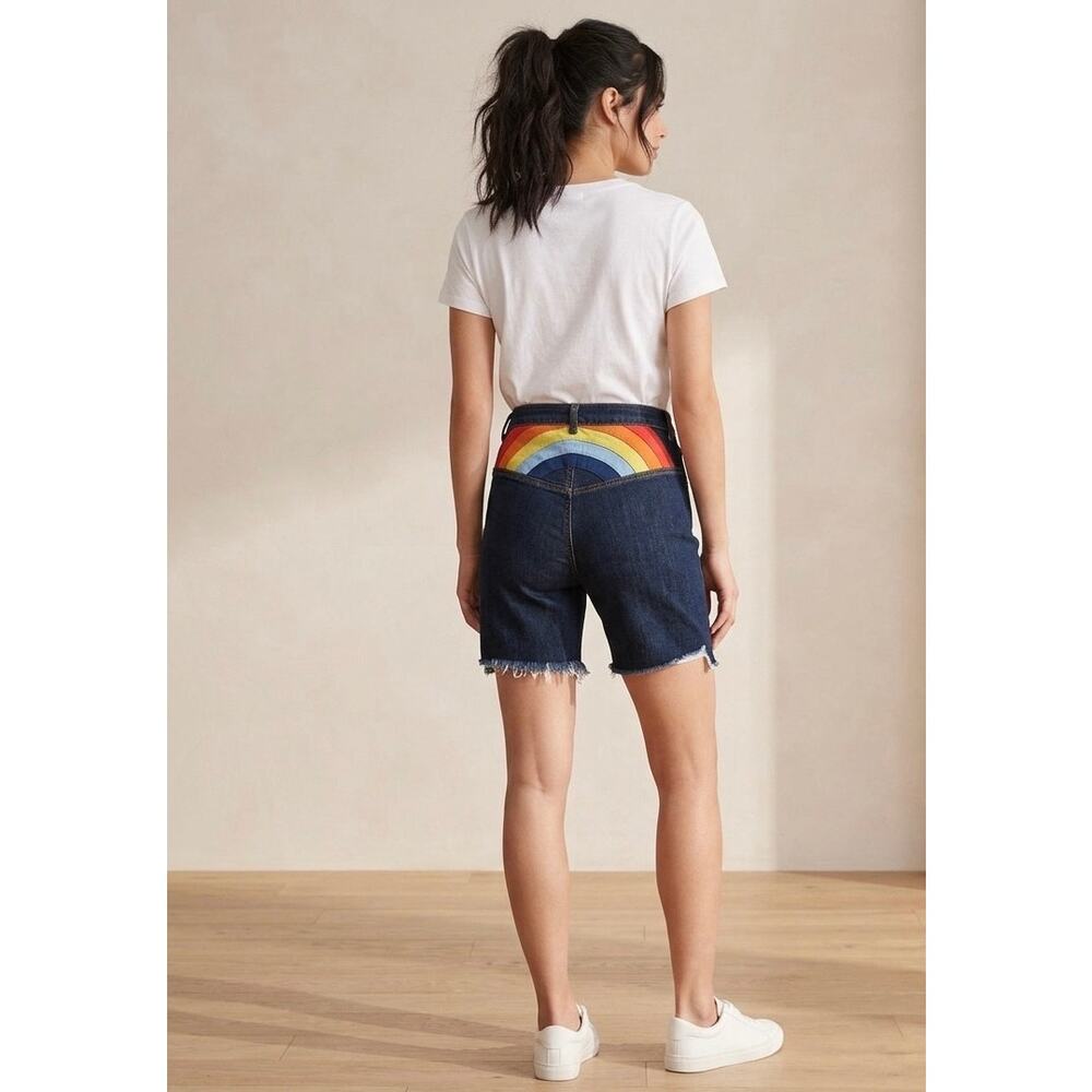 ModCloth Rainbow Dark Wash Long Denim Shorts Sz 4 Festival Pride